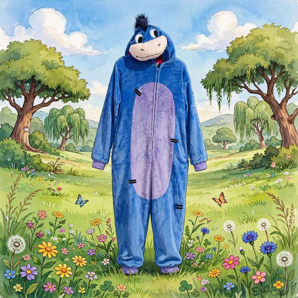 Eeyore Halloween Costume Fleece Hooded Jumpsuit Blue Large Wiinie the Pooh C217